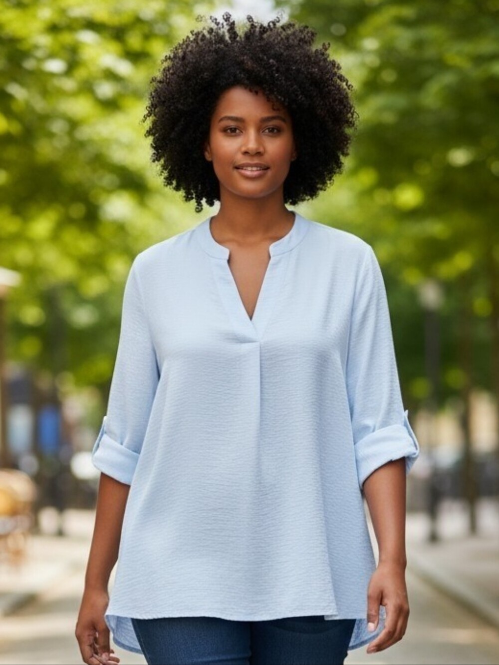 Calvin Klein Light Blue Roll-Tab Sleeve Popover Tunic Blouse